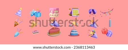 collections of Happy birthday holiday decorations set. 3d vector realistic objects. Toy balloons,  star symbols, cupcake, cake, gift box