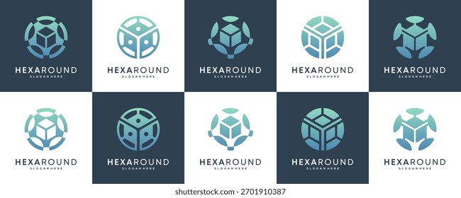 Kollektionen von Hexagon Cube in Technology Circular Space Logo Design Ideen. Moderner Vektor des Tech- und Wissenschaftskonzepts.