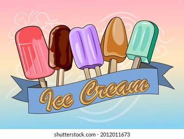 Collections ice cream sticks pastel colors. Vector typographic style illustration for modern lettering text design company logo on product. Sweets menu with summer concept.