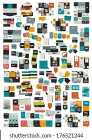 Collections of info graphics flat design diagrams. Various color schemes, boxes, speech bubbles for print or web design. Vector illustration.