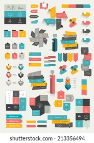 Collections of info graphics flat design diagrams. Various color schemes, boxes, speech bubbles for print or web design. Vector illustration. 