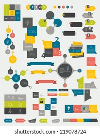 Collections of info graphics flat design diagrams. Various color schemes, boxes, speech bubbles for print or web design. Vector illustration. 