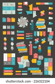 Collections of info graphics flat design diagrams. Various color schemes, boxes, speech bubbles for print or web design. Vector illustration. 