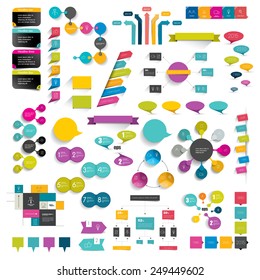 Collections of info graphics flat design diagrams. Various color schemes, boxes, speech bubbles for print or web design. Vector illustration.