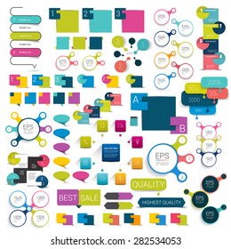 Collections of info graphics flat design diagrams. Various color schemes, boxes, speech bubbles for print or web design. Vector illustration.