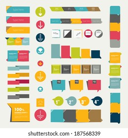 Collections infographics flat design diagrams  Various color schemes  boxes  ribbons  speech bubbles for print web design  Vector illustration  