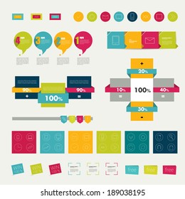 Collections of infographics flat design diagrams. Various color schemes, boxes, ribbons, speech bubbles for print or web design. Vector illustration. 