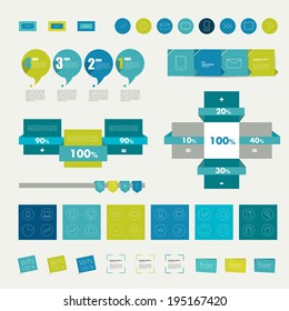 Collections of infographics flat design diagrams. Various color schemes, boxes, ribbons, speech bubbles for print or web design. Vector illustration. 