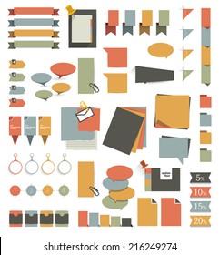 Collections of infographics flat design diagrams. Various color schemes, boxes, ribbons, speech bubbles for print or web design. Vector illustration. 