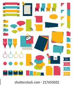 Collections of infographics flat design diagrams. Various color schemes, boxes, ribbons, speech bubbles for print or web design. Vector illustration. 