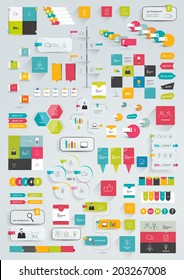 Collections of infographics flat design template. Various color schemes, boxes, speech bubbles, charts. Vector illustration. 