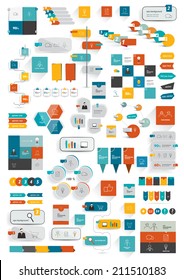 Collections of infographics flat design template. Various color schemes, boxes, speech bubbles, charts. Vector illustration. 