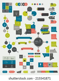 Collections of infographics flat design template. Various color schemes, boxes, speech bubbles, charts. Vector illustration.