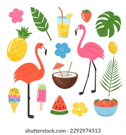 Collections items for tropical party. Flamingo, Lemonade, Fruit and Tropical Leaves. Summer holiday and Exotic object food, beverage. Vector flat colored illustration set