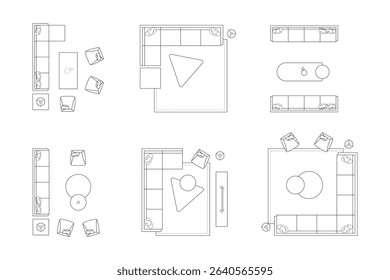 Collections Minimalist Sofa and Living Area Floor Plans. Vector Lines Black on White Background. 1
