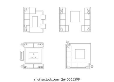 Collections Minimalist Sofa and Living Area Floor Plans. Vector Lines Black on White Background. 2