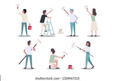 Collections of people painting on the wall. Group of painter. Set of Painter Craftsman With Paint. Vector Illustration Isolated on White Background.