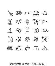 collections of pictograms on the theme of vacations, sea, summer, beach, water sports, camping, islands, surfing, paddleboarding, well-being, rest, memories