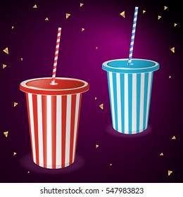 Collections Plastic fastfood cup for beverages with straw. Vector illustration on a dark background. Red paper Cup for party. Drinking Straw Day.