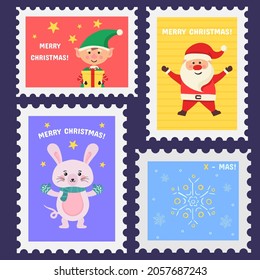 Collections of postage stamps. Christmas cute stamp with holiday symbols and decoration elements. Holiday stickers in hand drawn design. Set of beautiful of Christmas postmarks. Vector illustration.