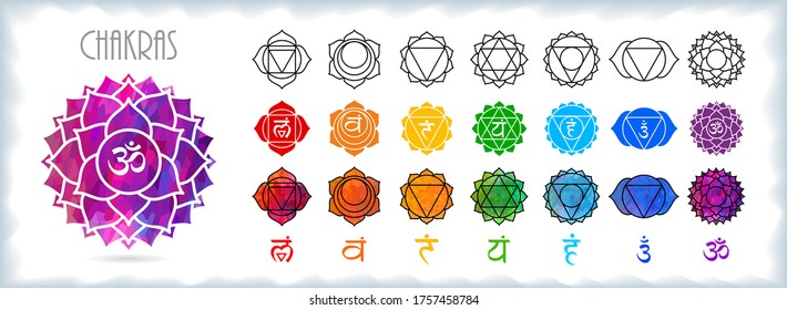 Collections and set of yoga symbols. Hindi literature and scriptures
