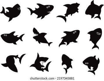 Collections of Shark Digital Stamp flat isolated vector Silhouettes