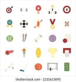 A collections of sport equipment icons in flat styles, football, sailing, trophy, bowling, skateboard, rugby, torch. Vector, illustration