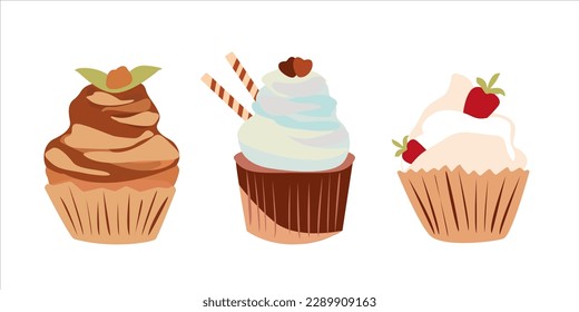 Collections of Sweet food. Creamy cupcake set isolated on white. Greeting card design element. Vector illustration.