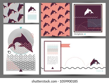 Collections of templates and backgrounds with dolphins. Seamless texture, web page, card, poster. Modern vector illustration.