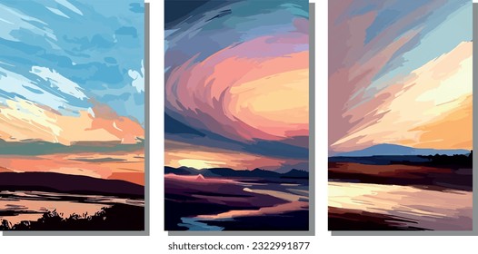 
Collections of three wall art pieces showcasing landscape paintings in a brushstroke technique, encompassing stunning portrayals of sunsets and sunrises. Vector artwork.