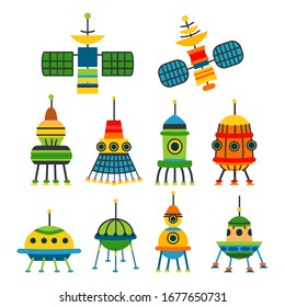 Collections of various space  spaceships and satellites. Spacecraft cosmonaut equipment isolated on dark background.
