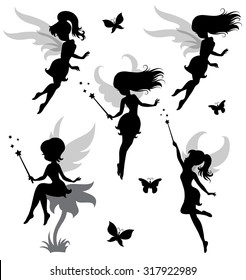 Collections of vector silhouettes of a fairy.