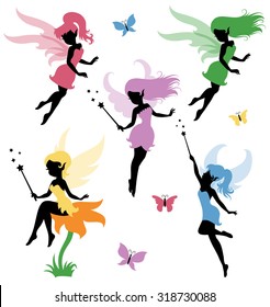 Collections of vector silhouettes of a fairy.