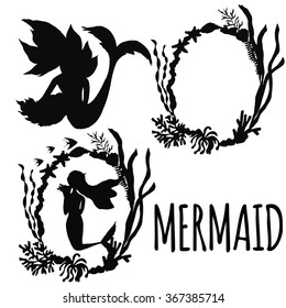 Collections of vector silhouettes of a mermaid.