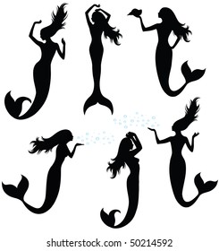 Collections of vector silhouettes of a mermaid.