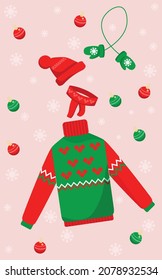 Collections of winter clothes. Knitted hat and scarf, gloves, sweater in Christmas style, in cartoon flat style.
