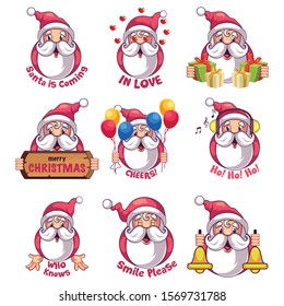 Collection/Set Of Cute Santa Face Stickers/Emojis.Vector Illustration Isolated On White Background 