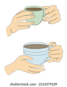 Collection.Silhouette of human hands with a cup of coffee, tea in a modern single line style. Solid line, decor outline, posters, stickers, logo. Vector illustration set.
