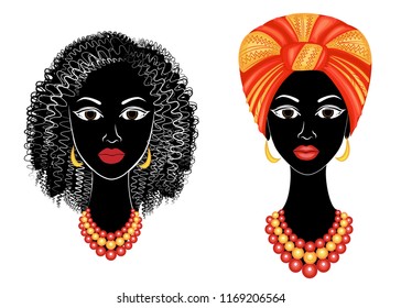 Collection.Silueta head of a sweet lady. African-American girl with a beautiful hairdo. The lady is dressed in a turban, a national headpiece. Vector illustration set.