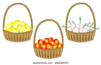 Collection.Soran is a rich harvest. In a beautiful wicker basket fresh peppers, onions, tomatoes. Vegetables are needed for cooking delicious food. Vector illustration set.