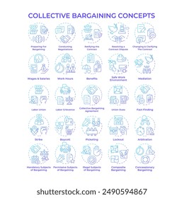 Collective bargaining blue gradient concept icons. Negotiations process. Labor relations. Employee rights. Labor unions. Icon pack. Vector images. Round shape illustrations. Abstract idea