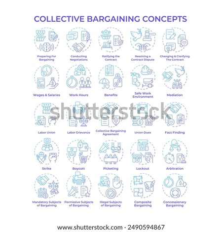 Collective bargaining blue gradient concept icons. Negotiations process. Labor relations. Employee rights. Labor unions. Icon pack. Vector images. Round shape illustrations. Abstract idea
