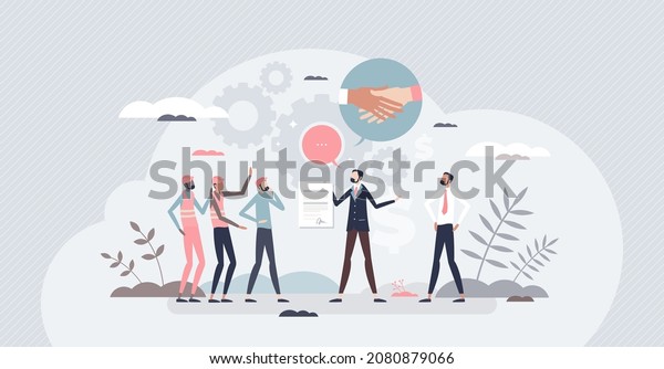 Collective bargaining as contracts arguing\
using unions tiny person concept. Labor negotiation association and\
agreement communication to make better salary and rights for\
employee vector\
illustration