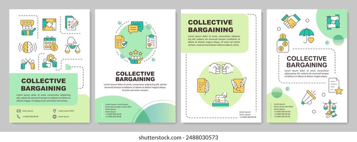 Collective bargaining green circle brochure template. Leaflet design with linear icons. Editable 4 vector layouts for presentation, annual reports