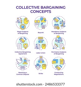 Mehrfarbige Symbole für Tarifverhandlungen. Gewerkschaften, Arbeitsbedingungen. Die Angestellten protestieren. Symbolpaket. Vektorbilder. Runde Formabbildungen für Infografik, Präsentation. Abstrakter Gedanke