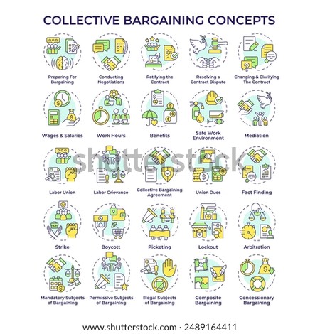 Collective bargaining multi color concept icons. Negotiations process. Labor relations. Employee rights. Labor unions. Icon pack. Vector images. Round shape illustrations. Abstract idea