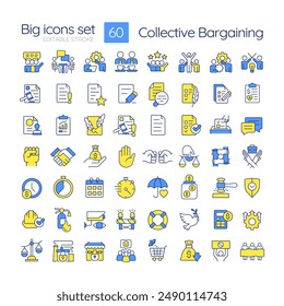 Collective bargaining RGB color icons set. Workers union, labor organization. Contract agreements, salary. Isolated vector illustrations. Simple filled line drawings collection. Editable stroke