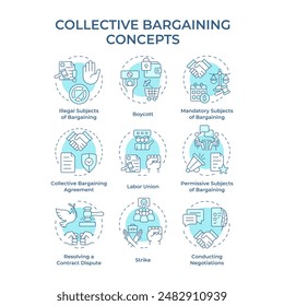 Collective bargaining soft blue concept icons. Labor unions, working conditions. Employees protests. Icon pack. Vector images. Round shape illustrations for infographic, presentation. Abstract idea