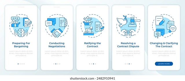 Collective bargaining workflow blue onboarding mobile app screen. Walkthrough 5 steps editable graphic instructions with linear concepts. UI, UX, GUI template