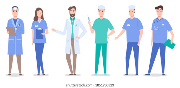 Collective of doctors and nurses characters set flat style. Medical people group icon on a white background vector illustration. Medical professional workers man and woman wearing special clothes